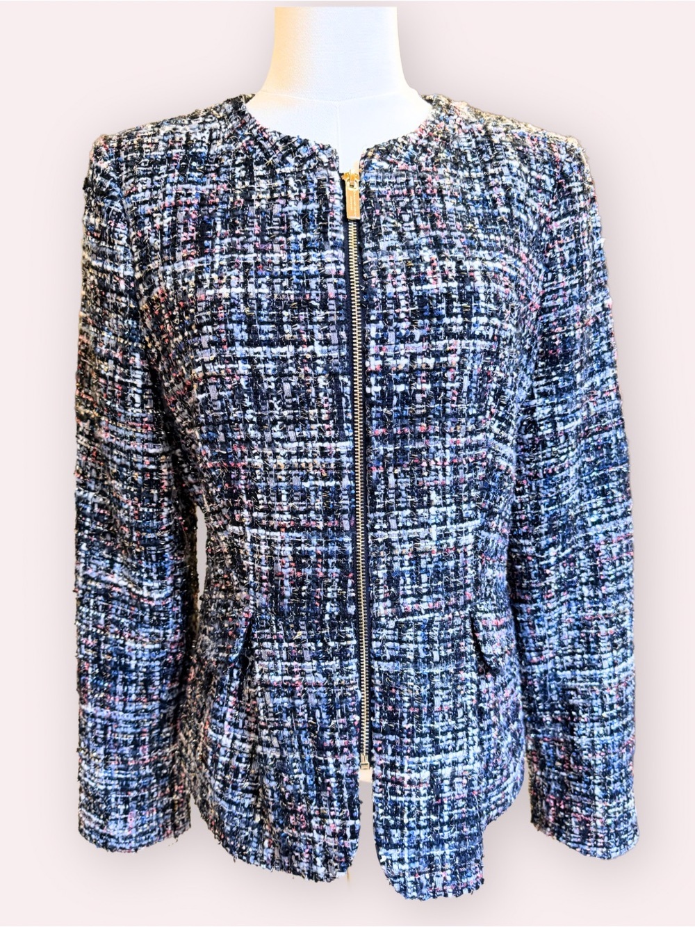 Donna Karan New York Boucle Tweed Full Zip Peplum Jacket Multi Size 6